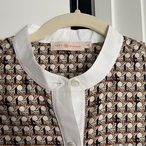 TORY BURCH Spencer Front Button Silk Blouse Classic Caramel Basketweave - Picture 3 of 5